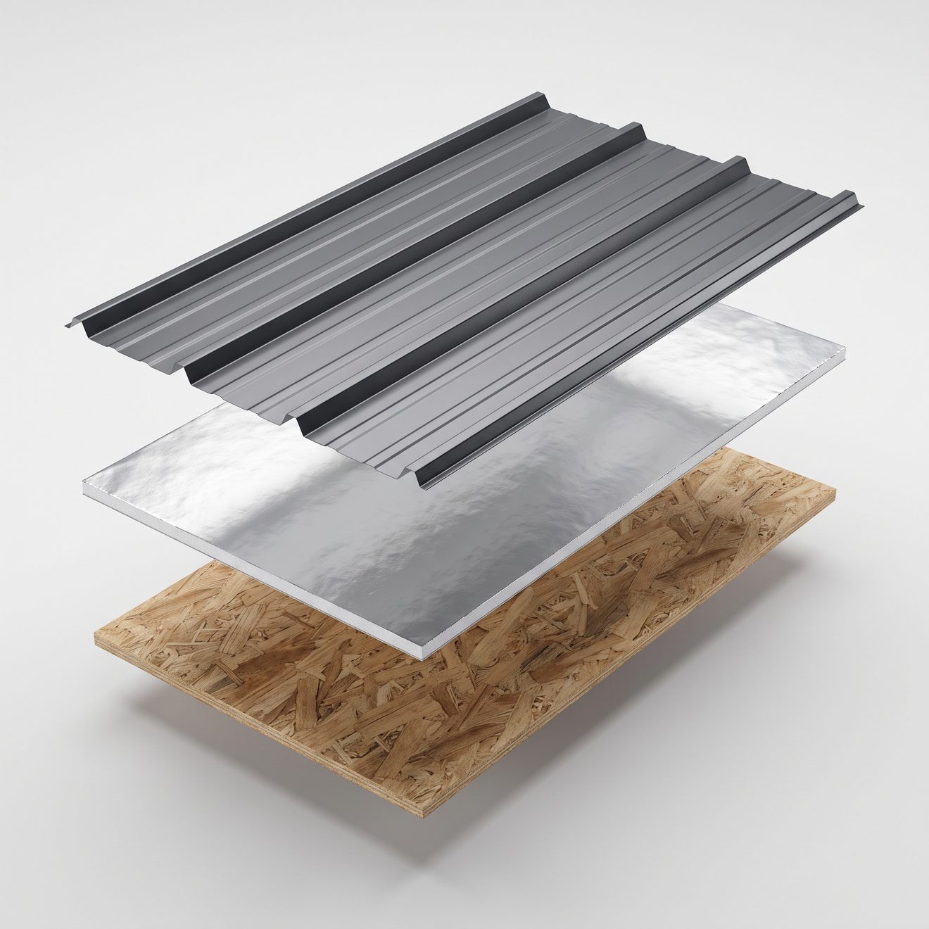 Cross-section of a metal roof assembly: standing seam panel over Low-E ThermaSheet insulated underlayment over the roof deck.