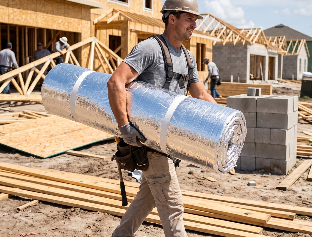 A single roofer carrying one full roll of ThermaSheet up a ladder.
