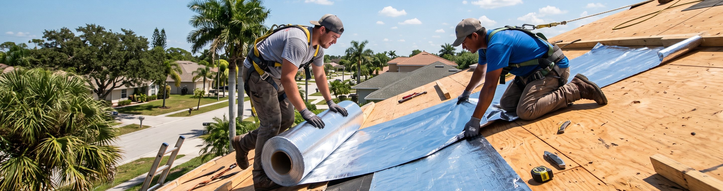 Roofers rolling out Low-E ThermaSheet insulated underlayment across a Florida roof deck.