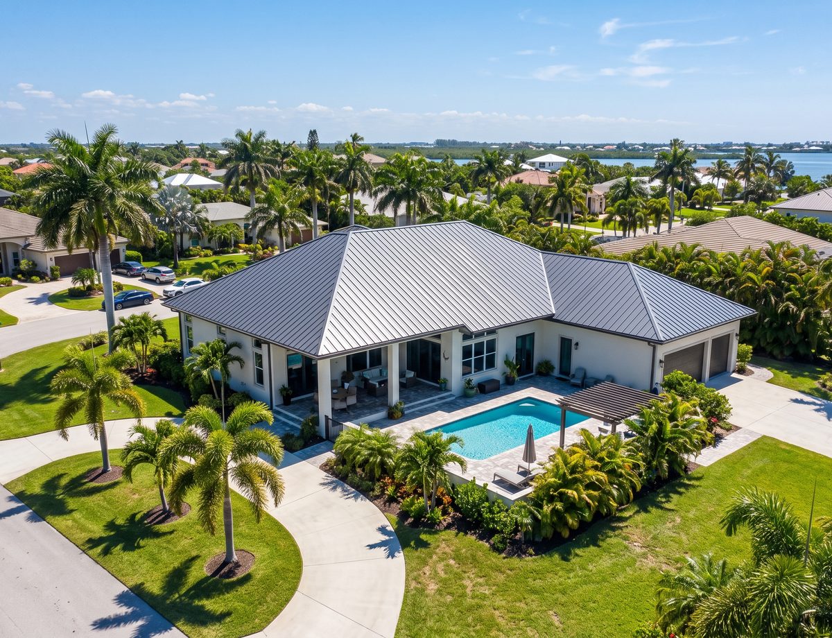 Florida sun striking a light-coloured standing seam metal roof.