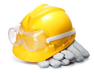 hard hat, goggles and protective gloves