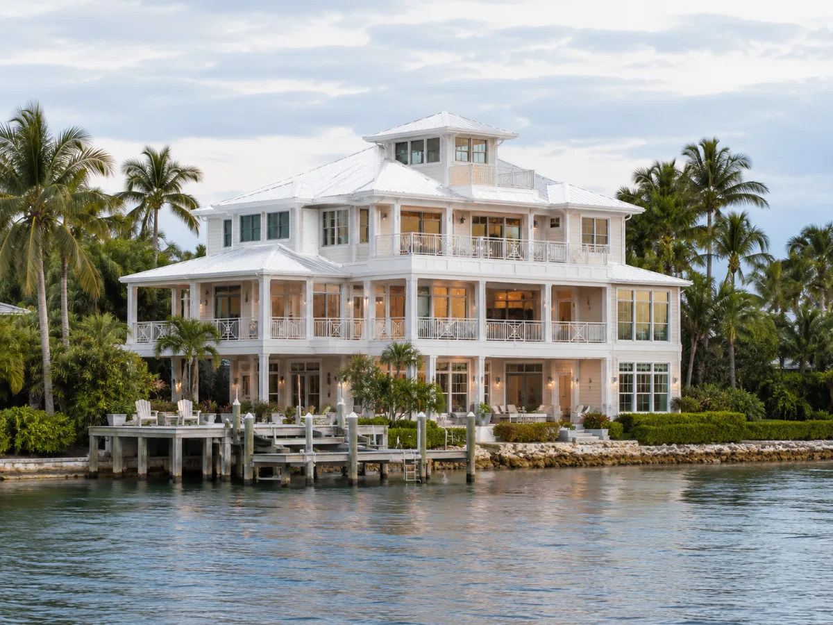 Florida waterfront home protected by coastal steel roofing at the water's edge Florida waterfront home protected by coastal steel roofing at the water's edge